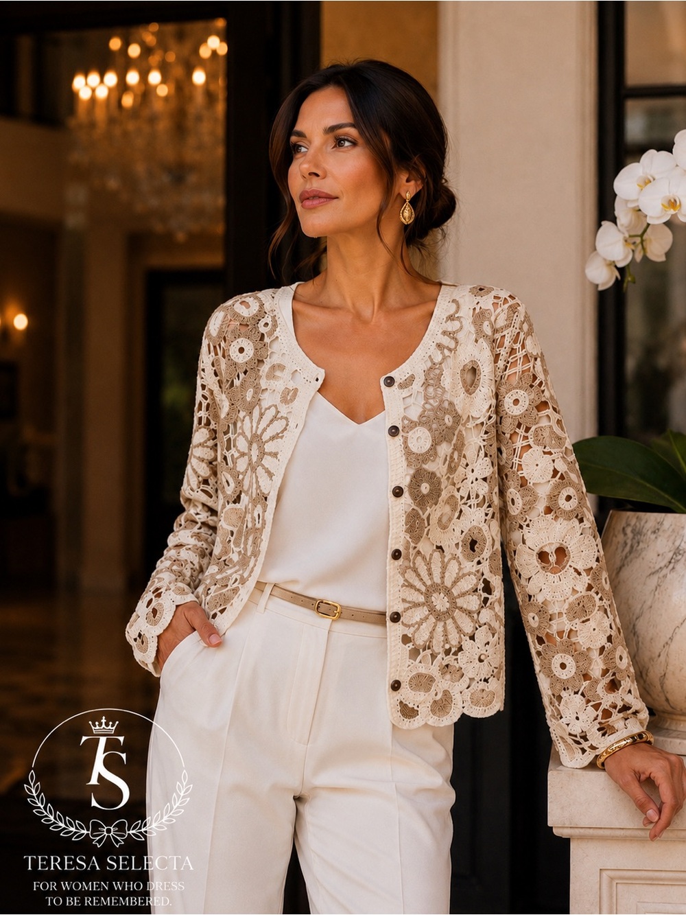 SAACHI Floral Crochet Cropped Topper Brown Cream Button Front One Size